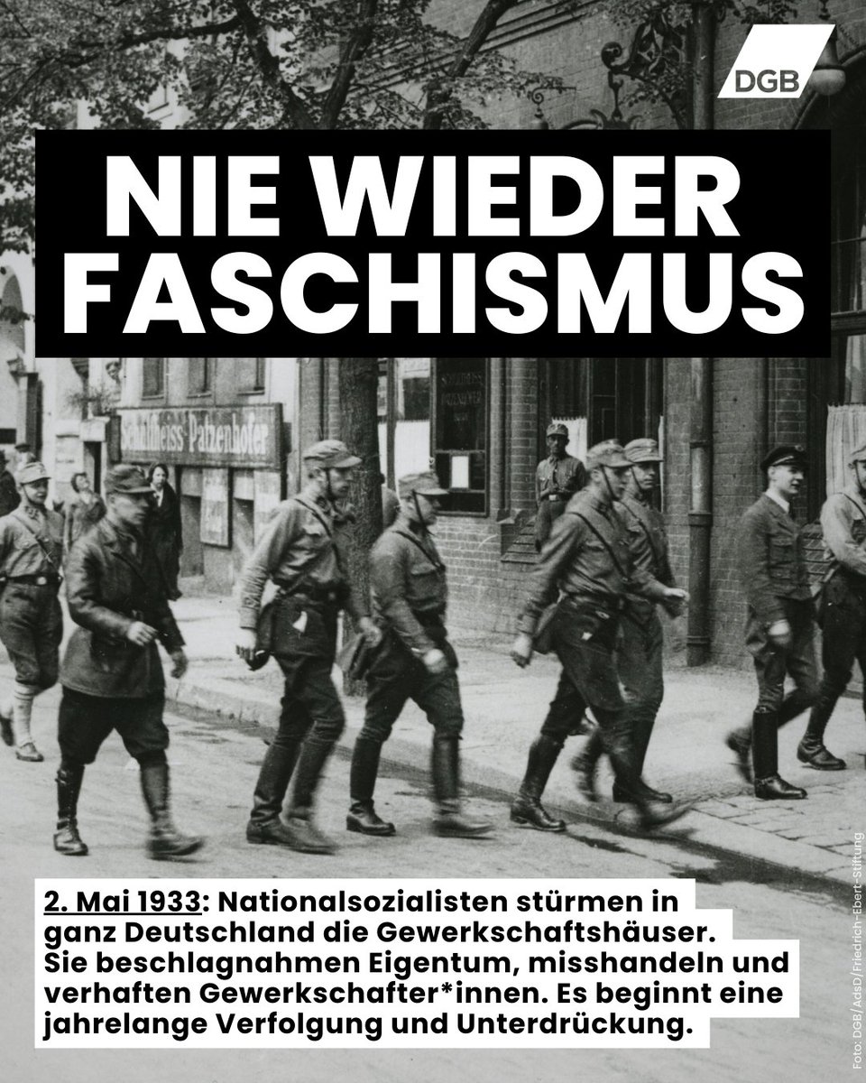 dgb_news's tweet photo. Am 2. Mai 1933 stürmten die Nazis in ganz Deutschland die Gewerkschaftshäuser. Für viele Gewerkschaftsmitglieder war dies der Beginn jahrelanger Verfolgung und Unterdrückung. Deshalb gilt: Niemals vergessen, niemals wegschauen. Wir müssen unsere Demokratie verteidigen! #NieWiederIstJetzt