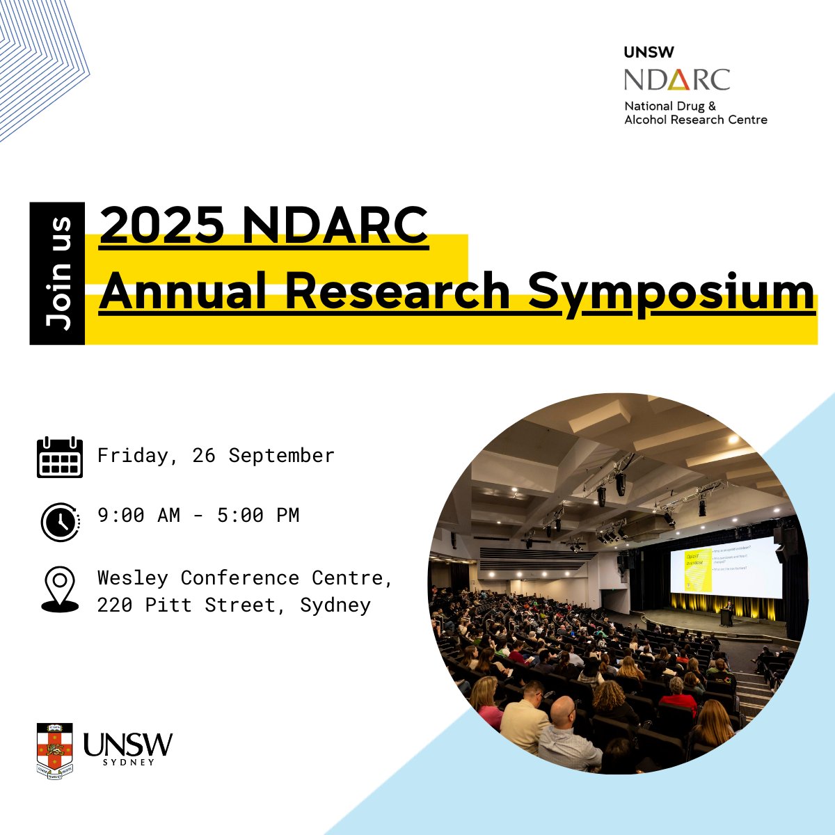 Registrations are now open for the 2025 NDARC Annual Research Symposium! The event will bring together leading experts to explore the latest developments in #AOD research.

Keynote speakers &amp; full program to be revealed soon. Register for free here: unsw.edu.au/research/ndarc…