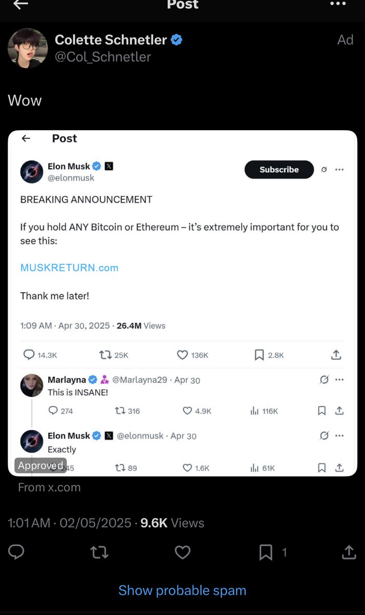 It’s apparent that X does ZERO screening for Ads.

There’s literally an ad promoting a crypto scam using the likeness of <a href="/elonmusk/">Elon Musk</a> 

How does this even happen?