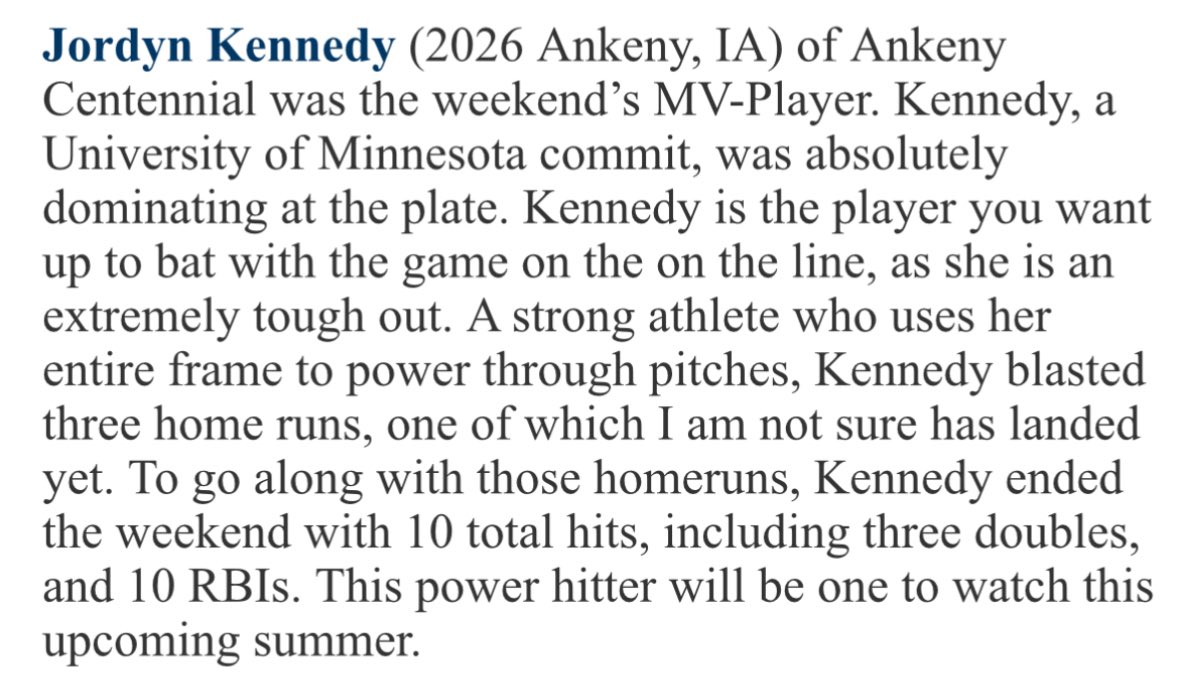 Thank you <a href="/PG_Softball/">Perfect Game Softball</a> for the write up this past weekend for me and my team . Excited to start the season soon!!!