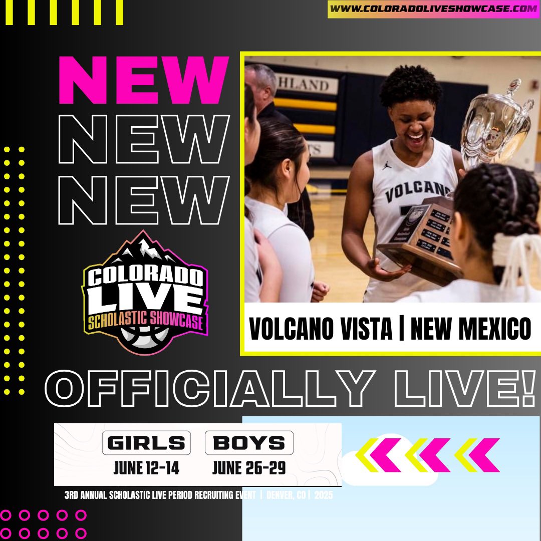 COLORADO LIVE Scholastic Showcase (@coloradolive_ss) on Twitter photo ๐จOFFICIALLY LIVEโผ๏ธ๐๐๏ธ
Welcome to Colorado Live year 3!!!
<a href="/vvhs_girlsbb/">Volcano Vista Girls Basketball</a> | Volcano Vista HS ๐๐ฅ
Glad to have you on Rocky Mountains Big Stage!!
๐ Denver, CO
๐ June 12-14th
โณ Boys Registration ends May 23rd
๐ป ColoradoLiveShowcase.com โฌ
๏ธโ
Donโt miss itโผ๏ธ Register Today!๐ซ ๐จOFFICIALLY LIVEโผ๏ธ๐๐๏ธ
Welcome to Colorado Live year 3!!!
<a href="/vvhs_girlsbb/">Volcano Vista Girls Basketball</a> | Volcano Vista HS ๐๐ฅ
Glad to have you on Rocky Mountains Big Stage!!
๐ Denver, CO
๐ June 12-14th
โณ Boys Registration ends May 23rd
๐ป ColoradoLiveShowcase.com โฌ
๏ธโ
Donโt miss itโผ๏ธ Register Today!๐ซ