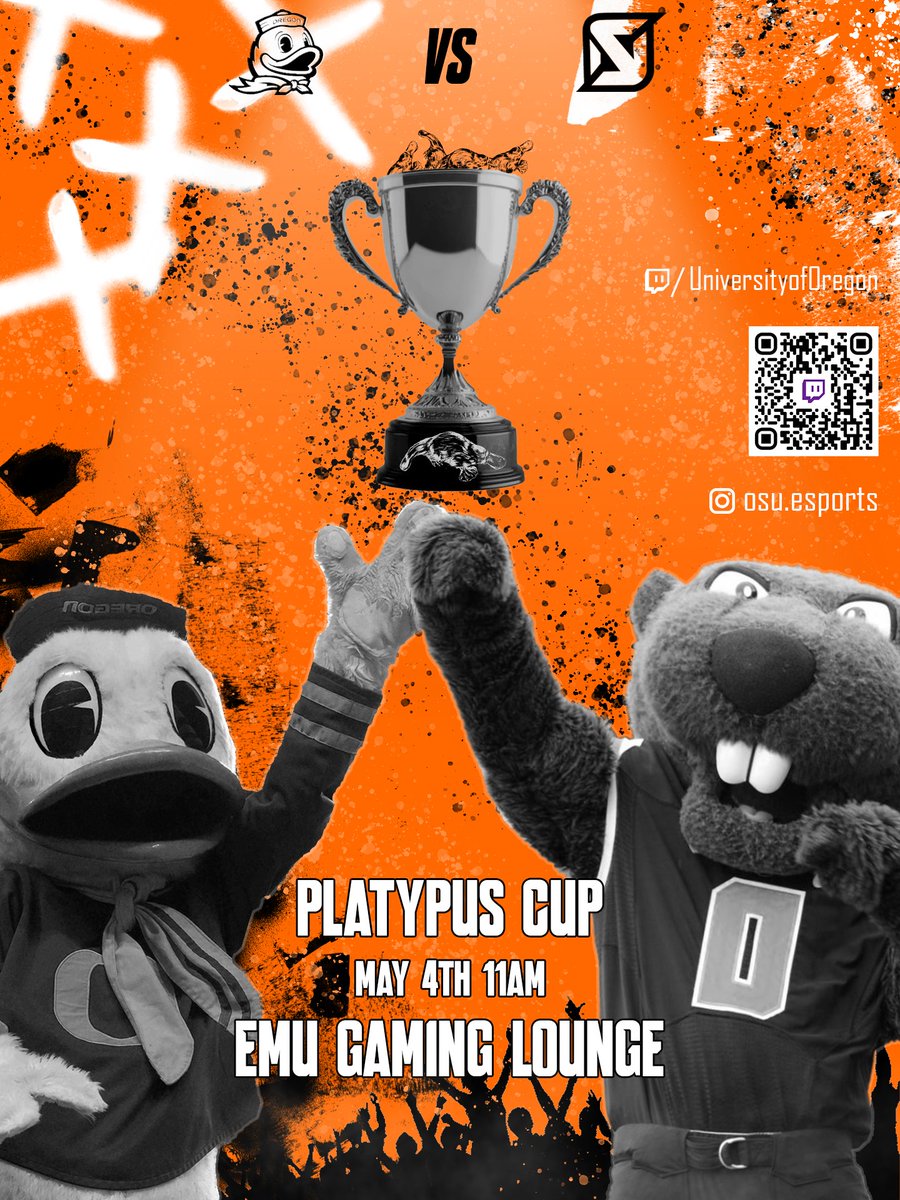 Beavers prepare and ducks beware! the second annual Platypus cup happens this Sunday, May 4th, at 11am! on twitch and in the EMU gaming Lounge! 🦫🦫
#platypuscup #esportsatosu #valorant #rocketleague #leagueoflegends #overwatch #esportscompetition