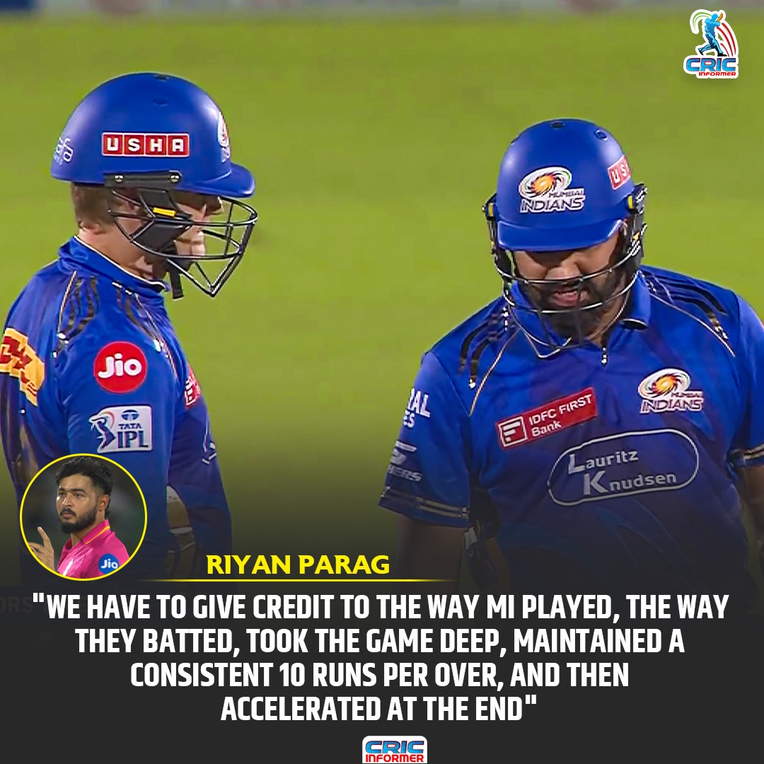 CricInformer's tweet image. "Riyan Parag praises Mumbai Indians for their big win last night"

#Cricket #GamePlan #HardikPandya #RRvsMI #MumbaiIndians #IPL2025 #IPL #indiancricket #cricketnews #bcci #sanjusamson #riyanparag

@IPL
@BCCI
@mipaltan