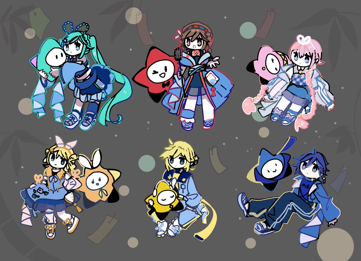初音ミク ,鏡音レン ,鏡音リン ,カイト(ボーカロイド) ,巡音ルカ ,メイコ(VOCALOID) 「#マジカルミライ2025 #ピアプロキャラクターズ名刺にするのでお会いできた方よ」|かまだ@お絵描きダイエッターのイラスト