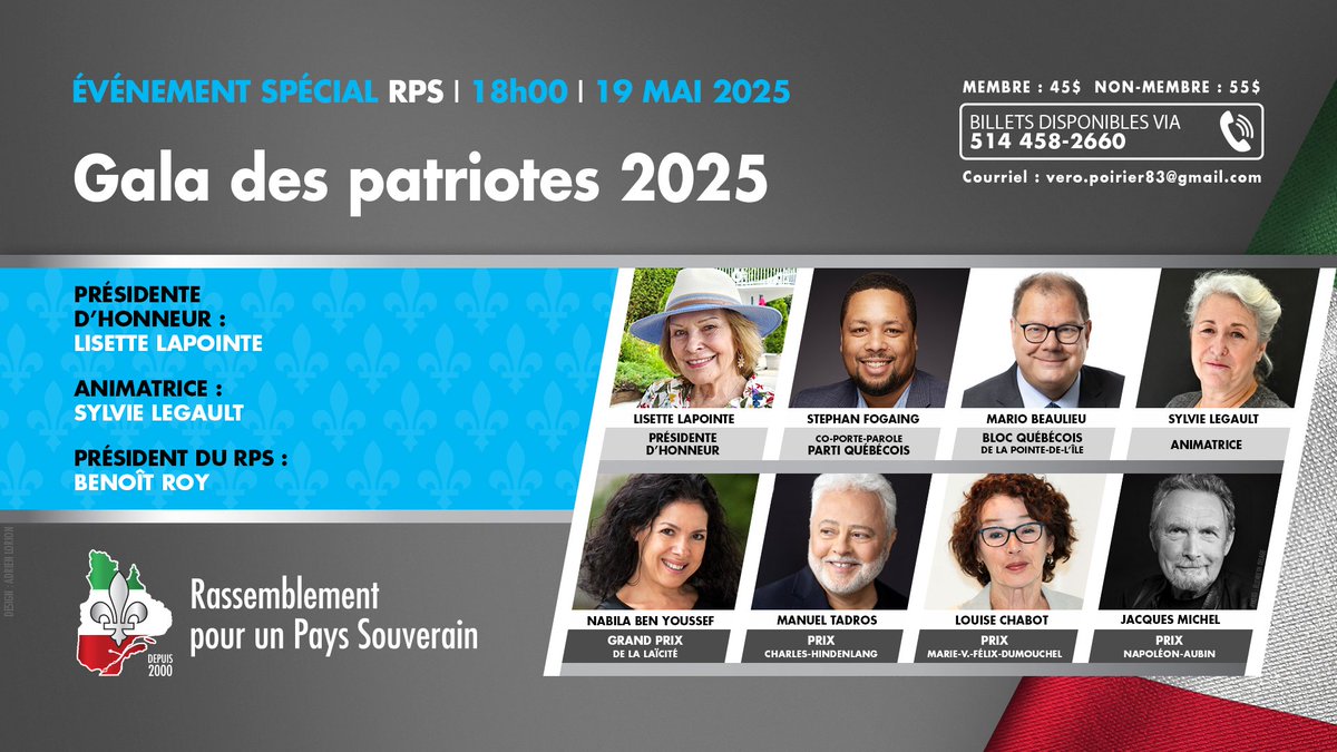 📅 GALA DES #PATRIOTES 2025
🎟️Billets ici: rps.quebec/component/hika…

Lauréats: #NabilaBenYoussef, #ManuelTadros, #LouiseChabot et #JacquesMichel. P. d’honneur: #LisetteLapointe. Avec: #StephanFogaing et #MarioBeaulieu. Animatrice: #SylvieLegault

#paysQc #polQc #Montréal #Québec