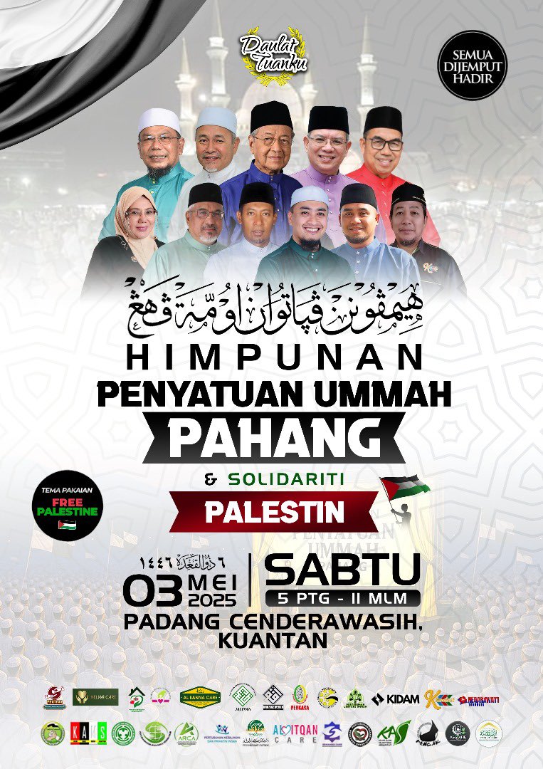 Insya-Allah jemput hadir semua yang berdekatan dan berkelapangan ke Himpunan Penyatuan Ummah Pahang dan Solidariti Palestin di Padang Cenderawasih, Kuantan pada 3 Mei 2025.
