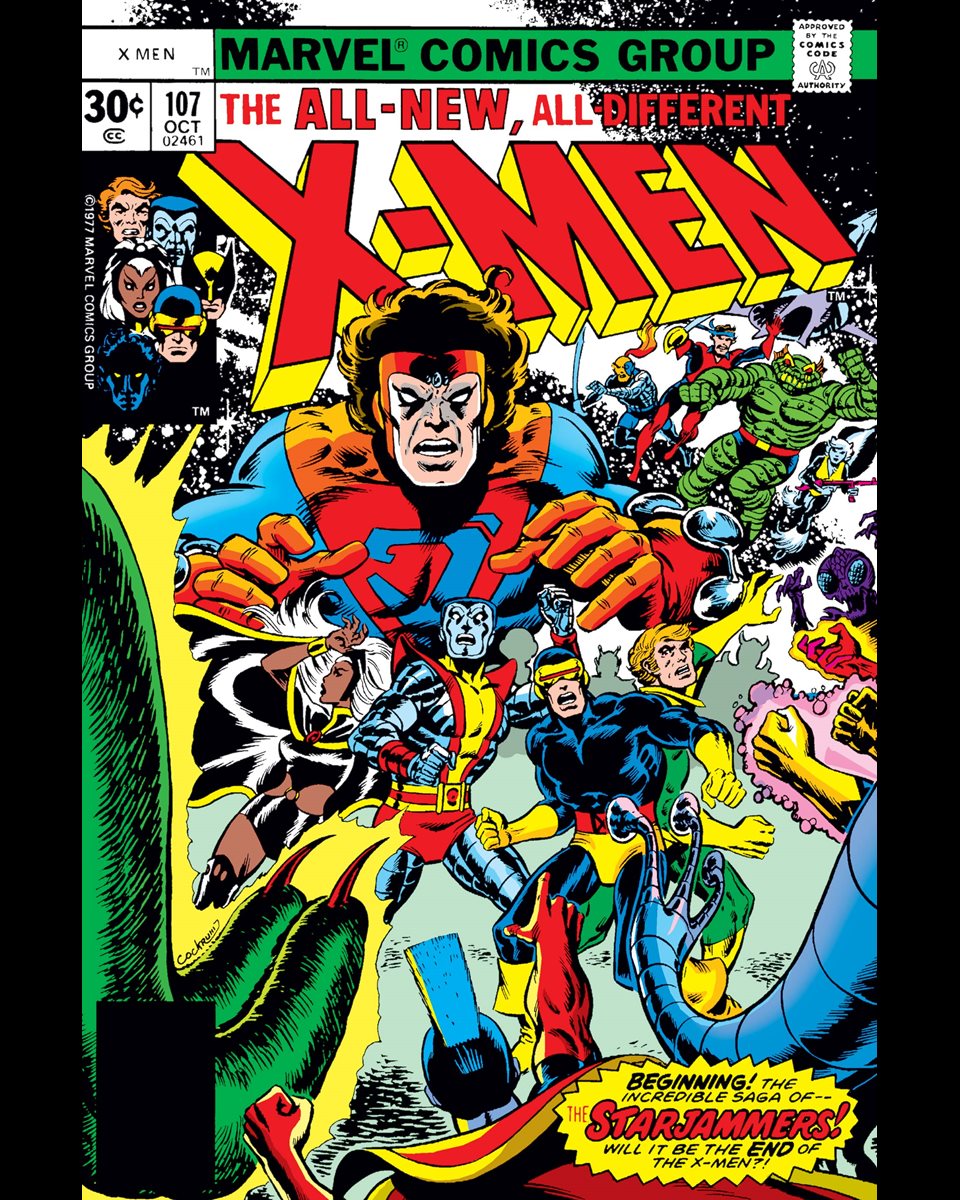 Uncanny X-Men #107 cover dated October 1977.

After being transported through a star-gate by Phoenix, the X-Men find themselves on an ancient planet that is home to the M'Kraan Crystal, surrounded by several members of the Shi'ar Imperial Guard serving the evil Emperor D'Ken.