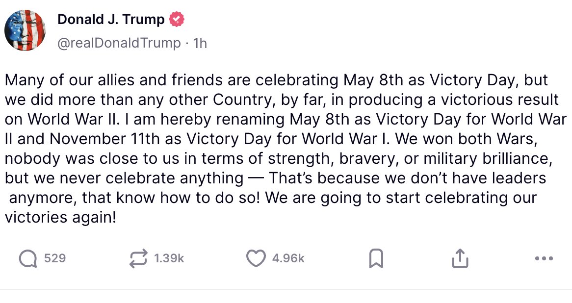 Nazi Germany surrendered in May 1945. For Americans, the Second World War would rage for three more months, until VJ Day in August. But for Russians and those influenced by them, "Victory Day" falls in May. Trump follows the Russian practice, not the American.