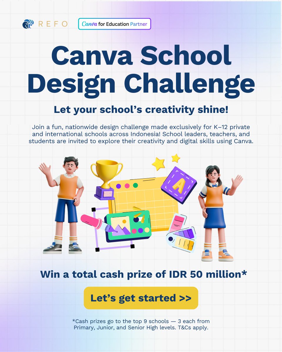 Ikuti Canva School Design Challenge #bersamaREFO
🏆 Total hadiah IDR 50 juta untuk mendukung inovasi di kelas
💛 Program ini bermitra dengan Canva dan 100% gratis!
Daftar sekarang 👉  bit.ly/applycsdc
Info selengkapnya 👉bit.ly/canvaschooldes…