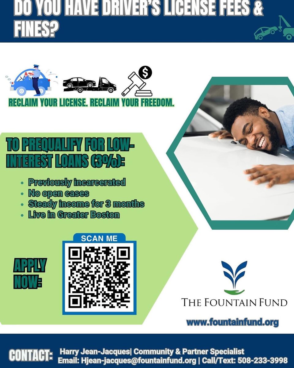 If you’ve been previously incarcerated and need help getting your license back, The Fountain Fund is offering low-interest loans (just 3%) to help cover those costs  so you can get back on the road and back to living your life
