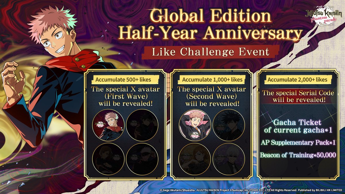 JJKPP_GL's tweet photo. ＼Half-Year Anniversary! Like Challenge is now available!  ／

To celebrate the arrival of the [Half-Year Anniversary], a Like Challenge Event is now live! 
All you need to do is [like this post ⭐] to participate in the event! 
Once the likes exceed a certain number, the corresponding rewards will be unlocked! 

▼Accumulate 500+ likes: Unlocks [Special X avatar (First Wave)] 
▼Accumulate 1,000+ likes: Unlocks [Special X avatar (Second Wave)] 
▼Accumulate 2,000+ likes: Unlocks [Half-Year Anniversary Special Serial Code] 

Don't miss out, and let's celebrate the Half-Year Anniversary together! 
※Notes: This event is solely related to the "Jujutsu Kaisen Phantom Parade" game. 

#JujutsuKaisenPhantomParade
#jjkphantomparade
#JujutsuKaisen
#JJKPPHalfAnni
