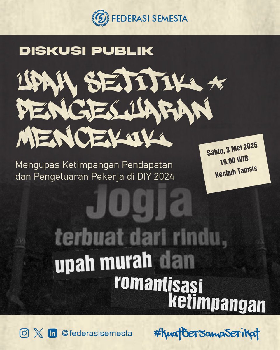 Siapa yang capek lihat Jogja diromantisasi terus? 🙋🏻

Padahal Jogja jadi salah satu daerah paling timpang yang punya segudang masalah🤦🏻‍♂️

Besok malam kami bakal bahas hasil riset kami soal pendapatan &amp; pengeluaran pekerja di jogja. Gratis dan terbuka untuk umum!
