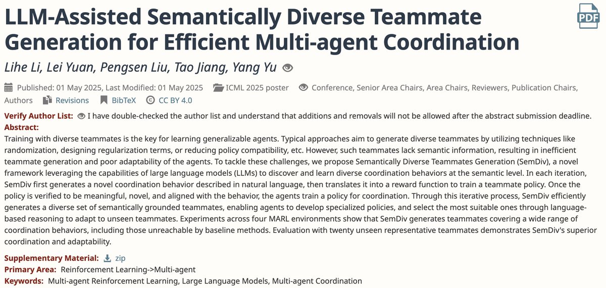 lilh76's tweet photo. 🎉 Second paper as first author! SemDiv was accepted to #ICML2025 ! We use LLMs to propose novel coordination behaviors and train aligned teammate policies, achieving better diversity &amp; coordination performance! Hope to see you in Vancouver!  
Paper: https://t.co/VIBMVExUol https://t.co/Nu93vM42Wr