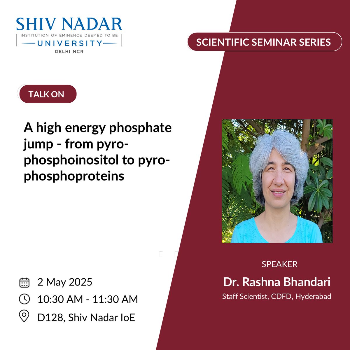dls_snioe's tweet image. #DLSResearchSeminar 🍁 
Join us today for a talk by Dr. Rashna Bhandari, Staff Scientist, CDFD, Hyderabad, on the importance of protein pyrophosphorylation✨
Title: A high-energy phosphate jump - from pyro-phosphoinositol to pyro-phosphoproteins.
#posttranslationalmodifications