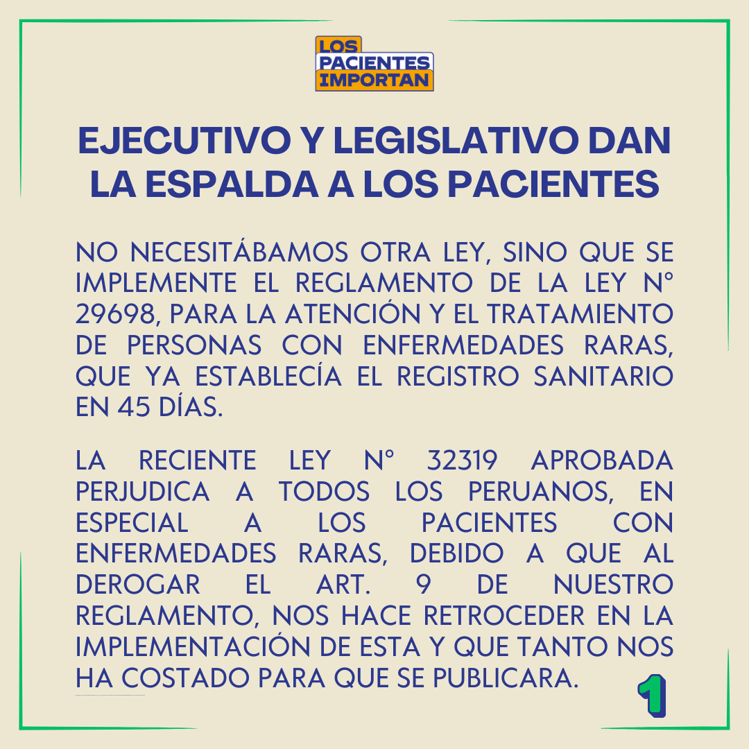 los_pacientes's tweet photo. 🚨 #URGENTE 🚨 
EJECUTIVO Y LEGISLATIVO DAN LA ESPALDA A LOS PACIENTES
No necesitábamos otra ley, sino que se implemente el reglamento de la Ley N° 29698, para atención y tratamiento de personas con enfermedades raras. 
La Ley N° 32319 aprobada perjudica a todos los peruanos. https://t.co/6RbjnFLZWD
