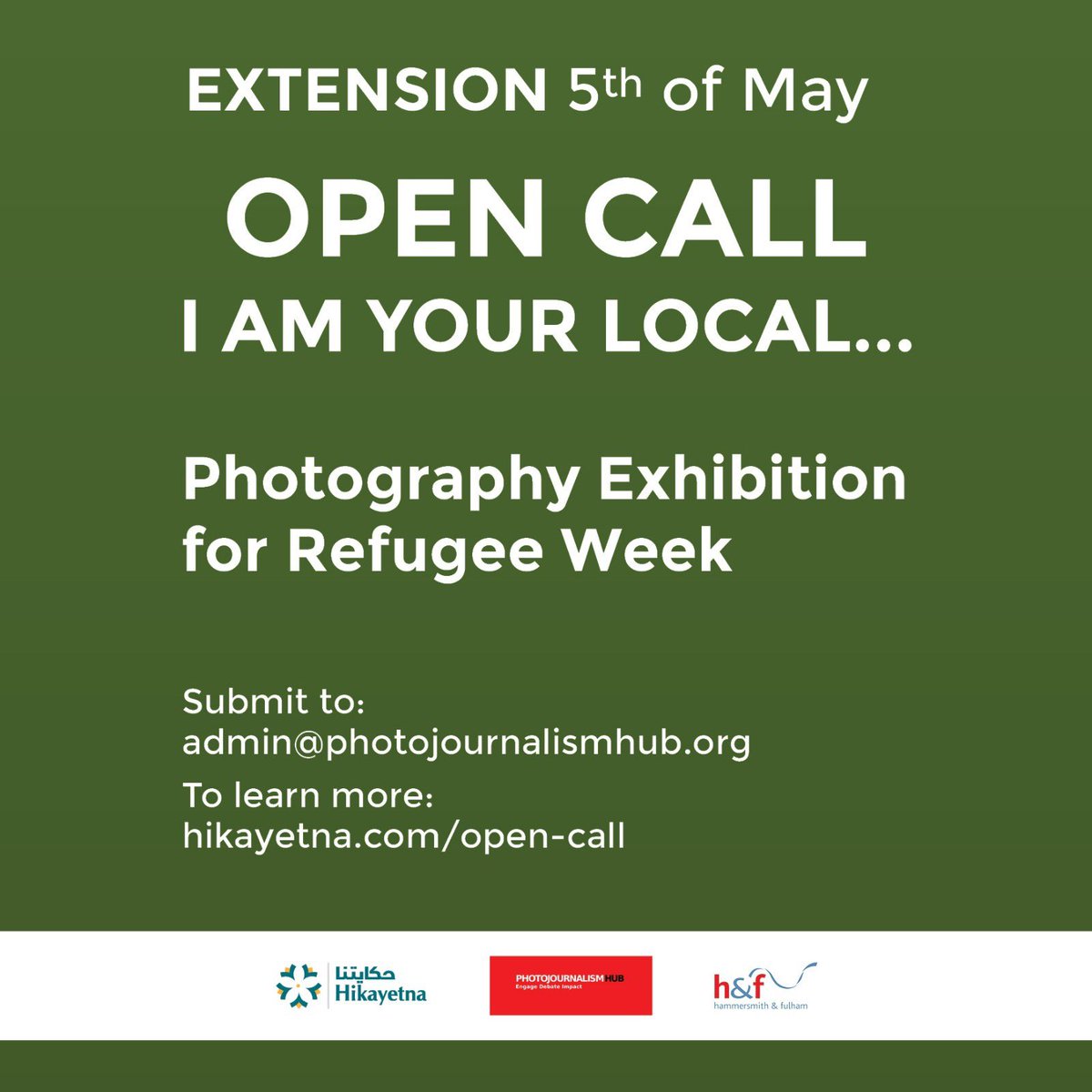Hikayetna- Our Story (@storiesforhopes) on Twitter photo Hikayetna & <a href="/PJ_Hub/">Photojournalism Hub</a> invite migrant and refugee photographers, amateurs, and visual artists to submit images celebrating the struggles and resilience of migrants and refugees. <a href="/LBHF/">H&F Council</a>
Submit by May 5 to admin@photojournalismhub.org
To learn more: hikayetna.com/open-call/ Hikayetna & <a href="/PJ_Hub/">Photojournalism Hub</a> invite migrant and refugee photographers, amateurs, and visual artists to submit images celebrating the struggles and resilience of migrants and refugees. <a href="/LBHF/">H&F Council</a>
Submit by May 5 to admin@photojournalismhub.org
To learn more: hikayetna.com/open-call/