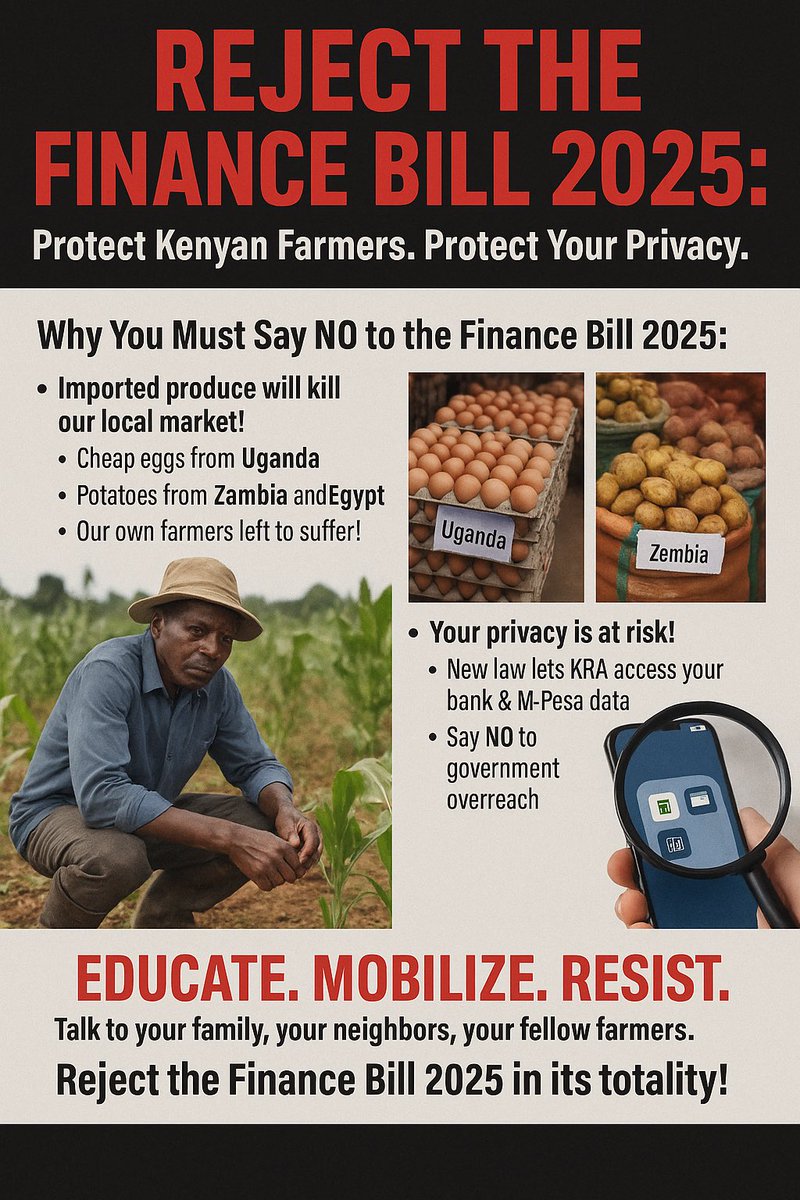Wanjiru2027's tweet image. Reject finance bill 2025 !!

Protect our poor kenyan farmers and our privacy!!!
#RejectFinanceBill2025