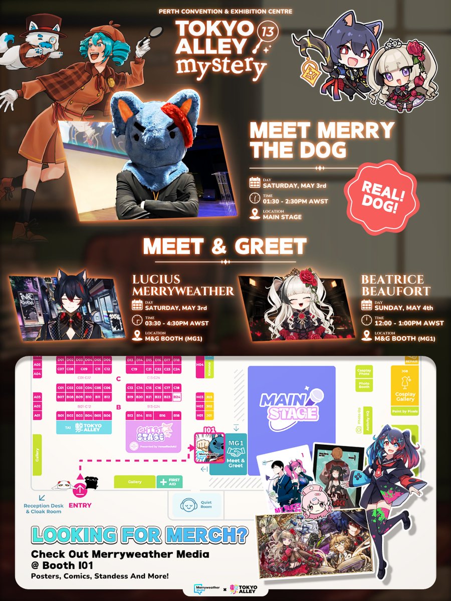 astralinetv's tweet photo. Catch the Dog &amp; Empress at Tokyo Alley 13 this weekend in Perth! 🌟🇦🇺

Activity Schedule:
🐶 Meet MERRY THE DOG (he’s real!)
👋 M&amp;G with Lucius (May 3) &amp; Beatrice (May 4)
🛍️ Grab exclusive merch @ Booth I01- posters, comics &amp; more!

#ASTRALINE https://t.co/GR9VkIbfRl