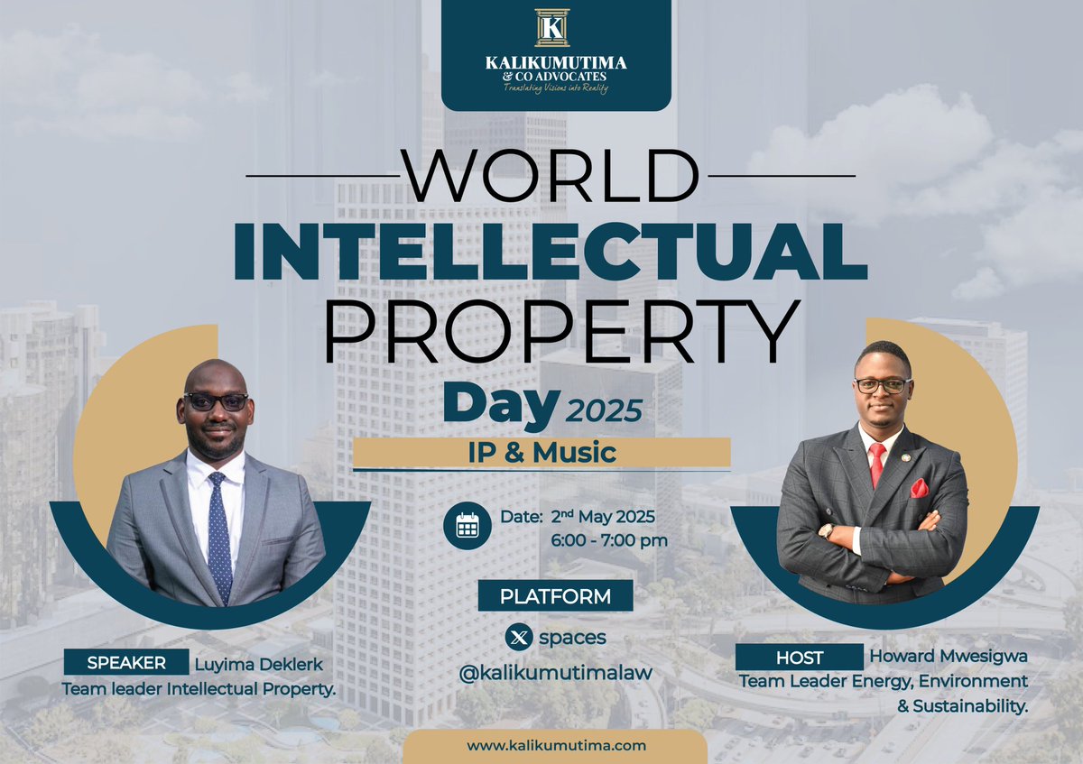Kalikumutima & Co Advocates (@kalikumutimalaw) on Twitter photo 📲#HappeningToday
Music IP registration is not automatic. Be part of our X space discussion on intellectual property& music to understand the legal benefits of registration.
🗣️Panellist: <a href="/deklerkld/">De-klerk Luyiimah</a> , Team leader – Intellectual Property.
🎙️Space link :x.com/i/spaces/1mnxe… 📲#HappeningToday
Music IP registration is not automatic. Be part of our X space discussion on intellectual property& music to understand the legal benefits of registration.
🗣️Panellist: <a href="/deklerkld/">De-klerk Luyiimah</a> , Team leader – Intellectual Property.
🎙️Space link :x.com/i/spaces/1mnxe…