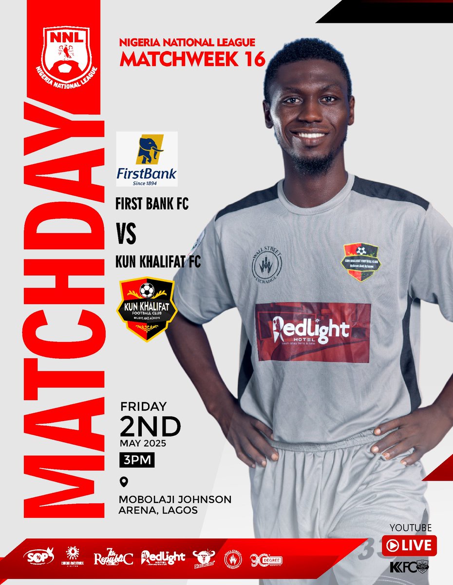 khalifatfc's tweet image. MATCHDAY🔴⚫️
🆚 FIRST BANK FC
🏟️ Mobolaji Johnson Arena, Lagos
⏰ 3pm
🗓️May 2nd
#NNL25 MD16
#theprideofimo | #wearekunkhalifatfc