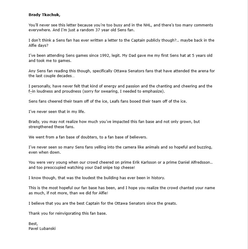 Letter to Brady Tkachuk