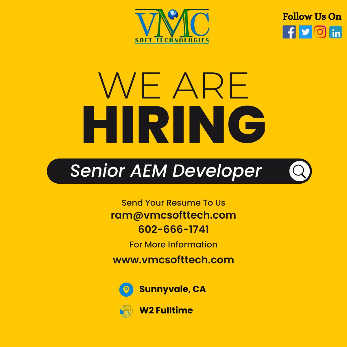 vmc_softtech's tweet image. VMC Soft Technologies looking for a Senior AEM Developer in Sunnyvale, CA
Job Title: Senior AEM Developer
Locations: Sunnyvale, CA
Contract: W2 Full-Time
For more details: ram@vmcsofttech.com/ 602-666-1741
Apply Now: vmcsofttech.com/careers/
#AEMDeveloper#AdobeExperienceManager