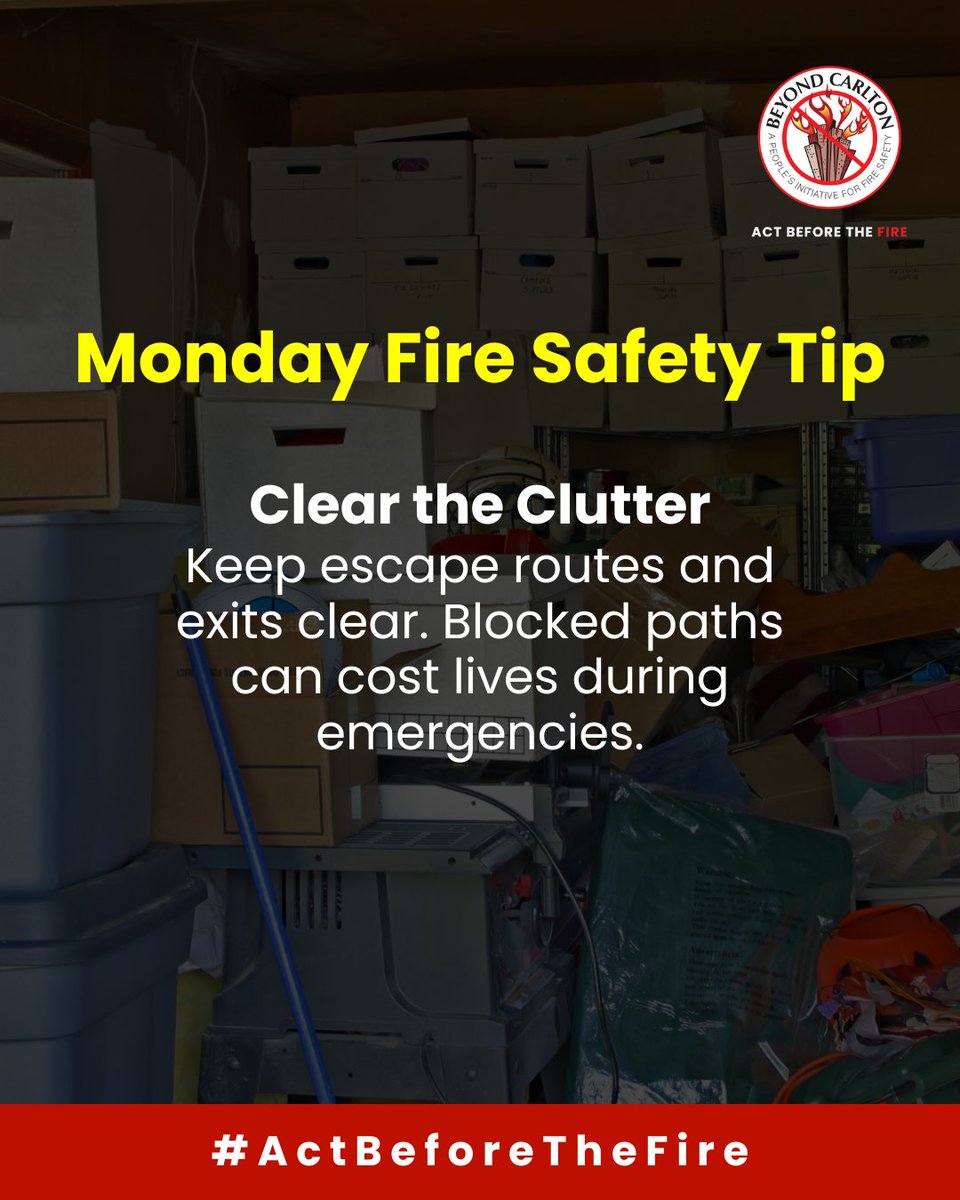 Beyond Carlton (@beyondcarlton) on Twitter photo In an emergency, every second counts.
🚪 Keep hallways, doors, and exits clutter-free for a safe escape. #AagSeAageRaho #ActBeforeTheFire
<a href="/KarFireDept/">Karnataka State Fire & Emergency Services</a> <a href="/osdmaodisha/">OSDMA Odisha</a> In an emergency, every second counts.
🚪 Keep hallways, doors, and exits clutter-free for a safe escape. #AagSeAageRaho #ActBeforeTheFire
<a href="/KarFireDept/">Karnataka State Fire & Emergency Services</a> <a href="/osdmaodisha/">OSDMA Odisha</a>