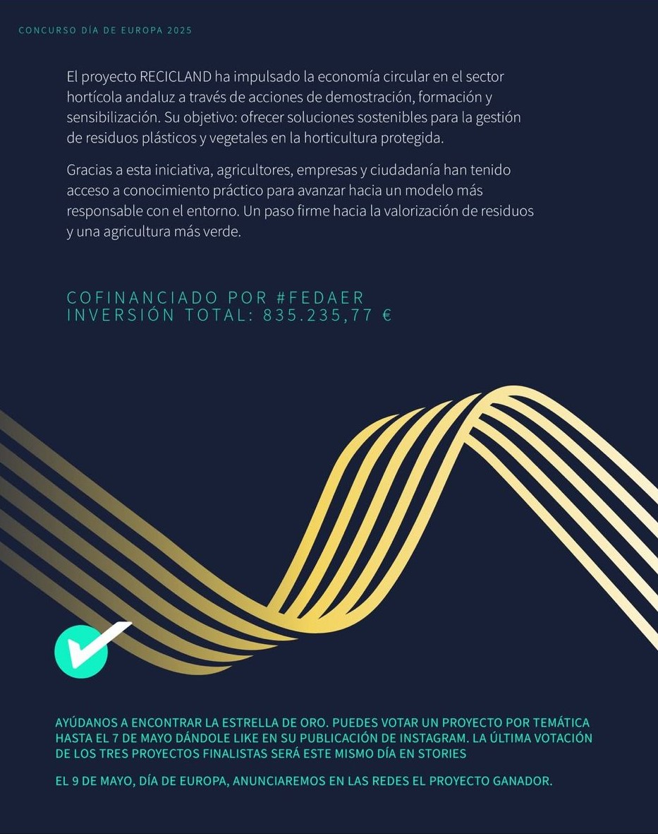 El proyecto <a href="/IfapaR/">IfapaRECICLAND</a> ha sido seleccionado como candidato en el concurso de <a href="/UE_ANDALUCIA/">FondosUE_Andalucía</a> con motivo del #DíadeEuropa🇪🇺

¡Apoya esta iniciativa dándole “like” al post de #Instagram! ❤️

📲Enlace: instagram.com/p/DJJX0_CI8Ha/…

¡Hagamos que consiga la Estrella de Oro 2025!🌟🏆