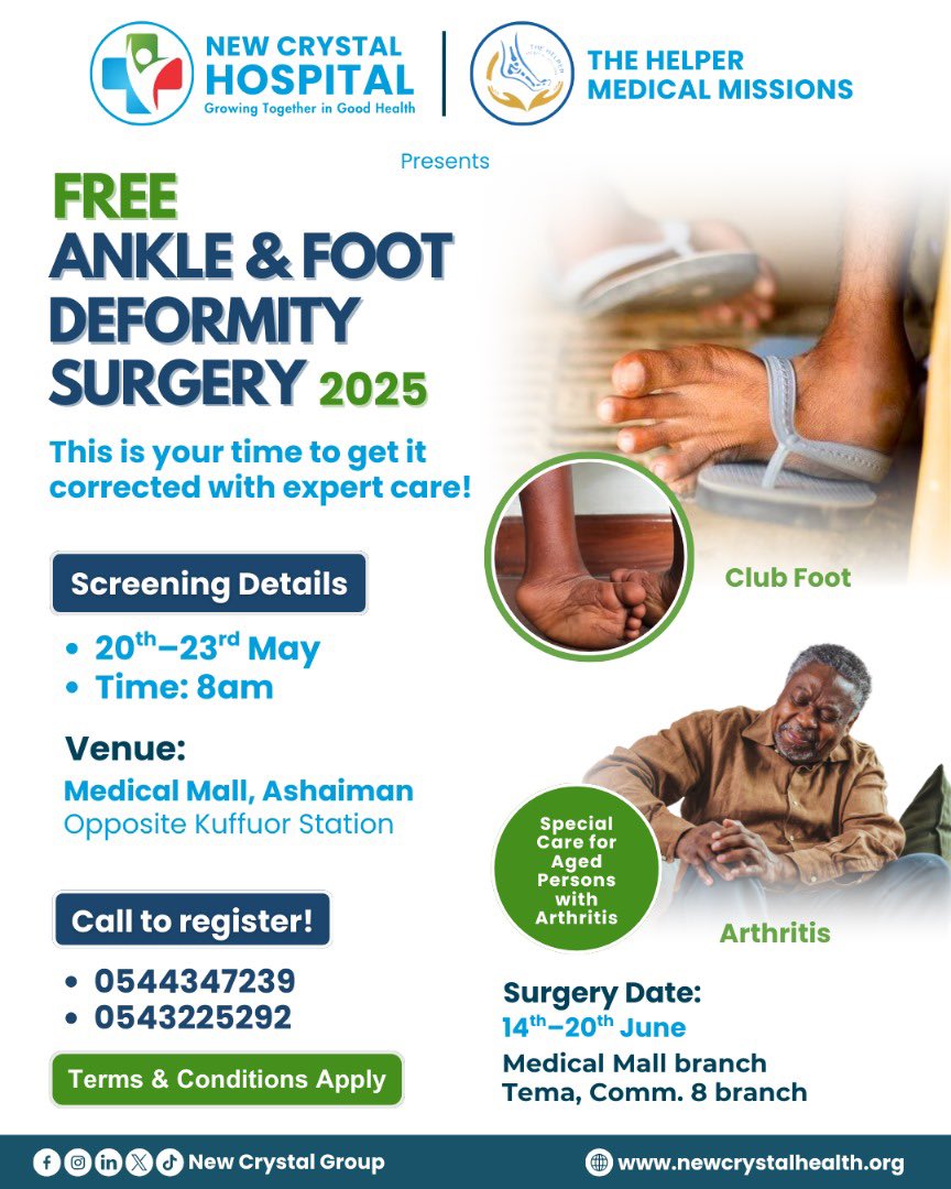 Lawless (@kaysitsofe) on Twitter photo Do you or someone you know have a foot or ankle deformity?
This is your opportunity to get expert surgical care for FREE!!!
Screening: 20th–23rd May
Venue: Medical Mall branch, Ashaiman
Call now to register: 0544347239 / 0543225292. Terms and conditions apply. <a href="/NewCrystalH/">New Crystal Hospital</a> Do you or someone you know have a foot or ankle deformity?
This is your opportunity to get expert surgical care for FREE!!!
Screening: 20th–23rd May
Venue: Medical Mall branch, Ashaiman
Call now to register: 0544347239 / 0543225292. Terms and conditions apply. <a href="/NewCrystalH/">New Crystal Hospital</a>