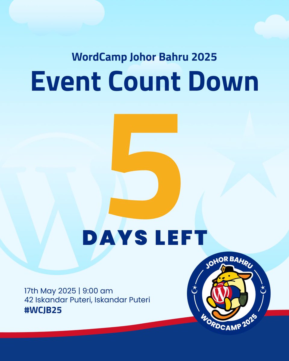 Only 5 days left! 📊 #WCJB25 tickets are going fast! Upgrade to Micro Sponsor for VIP experience + community impact. Hurry! johorbahru.wordcamp.org/2025/tickets