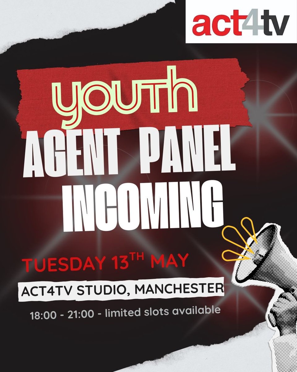 🎬 Youth Agent Panel - MANCHESTER

We’re excited to invite all our act4tv kids and youth students to apply for a place on our upcoming agent panel.

✉️: hello@act4.tv to apply for your place now

Be quick! Applications close 5PM on Sunday 💥