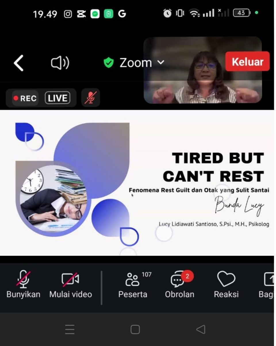 BundaLucy's tweet photo. “Pernah merasa lelah, tapi merasa bersalah saat ingin beristirahat?” 😊

#MentalHealth #Webinar #RestGuilt #WorkLifeBalance #SelfCompassion #Mindfulness https://t.co/fDYtpbXaH4