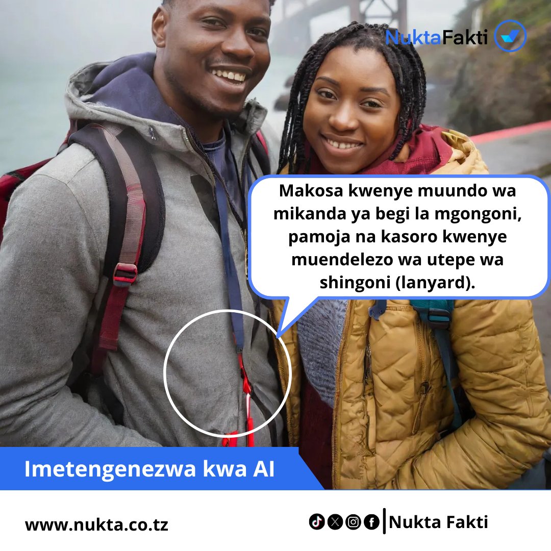 Inaonekana kama picha halisi kabisa kwenye jiji la San Francisco, lakini picha ya wanandoa wakiwa mbele ya daraja la Golden Gate imetengenezwa kwa kutumia teknolojia ya akili bandia (AI).

Angalia makosa kwenye muundo wa mikanda ya begi la mgongoni, na kwenye mkanda wa shingoni.