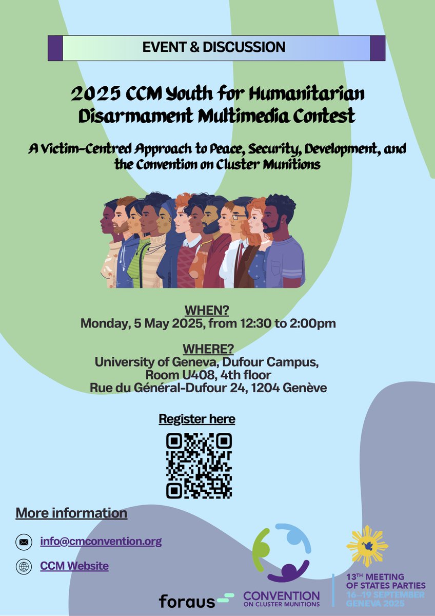 Convention on Cluster Munitions (@isuccm) on Twitter photo 👏#ECOSOCyouth! #Inclusion & #Multilateralism are at ❤️of the <a href="/ISUCCM/">Convention on Cluster Munitions</a> contest initiative. Welcome hearing your voice at our 5 May event!
<a href="/COPELaos/">COPE Laos</a>
<a href="/legaciesofwar/">Legacies of War</a>
<a href="/ODA_Geneva/">UNODA Geneva</a>
<a href="/PHinGeneva/">Philippine Mission UN Geneva</a>
<a href="/LaosAtUN/">Lao PDR at the UN</a>
<a href="/MisionMexOI/">Misión de México en Ginebra</a>
<a href="/AustriaUNGeneva/">Austria UN Geneva</a>
<a href="/IraqinGeneva/">Iraq Mission to the UN & Int. Orgs.in Geneva</a>
<a href="/PeruEnGinebra/">Misión del Perú en Ginebra</a>
<a href="/GenevaMalawi/">Malawi Mission in Geneva</a>
<a href="/swiss_un/">SwitzerlandUN</a> 👏#ECOSOCyouth! #Inclusion & #Multilateralism are at ❤️of the <a href="/ISUCCM/">Convention on Cluster Munitions</a> contest initiative. Welcome hearing your voice at our 5 May event!
<a href="/COPELaos/">COPE Laos</a>
<a href="/legaciesofwar/">Legacies of War</a>
<a href="/ODA_Geneva/">UNODA Geneva</a>
<a href="/PHinGeneva/">Philippine Mission UN Geneva</a>
<a href="/LaosAtUN/">Lao PDR at the UN</a>
<a href="/MisionMexOI/">Misión de México en Ginebra</a>
<a href="/AustriaUNGeneva/">Austria UN Geneva</a>
<a href="/IraqinGeneva/">Iraq Mission to the UN & Int. Orgs.in Geneva</a>
<a href="/PeruEnGinebra/">Misión del Perú en Ginebra</a>
<a href="/GenevaMalawi/">Malawi Mission in Geneva</a>
<a href="/swiss_un/">SwitzerlandUN</a>