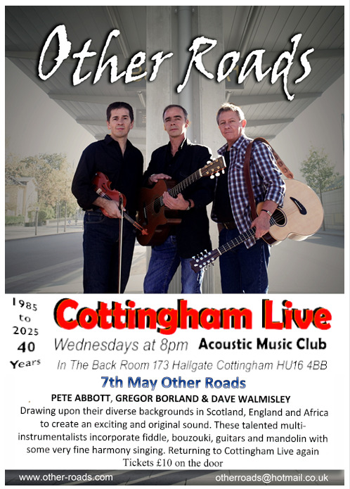 Other Roads at Cottingham Live
The Backroom Cottingham
doors open 7pm 8pm start
Only £10 on the door