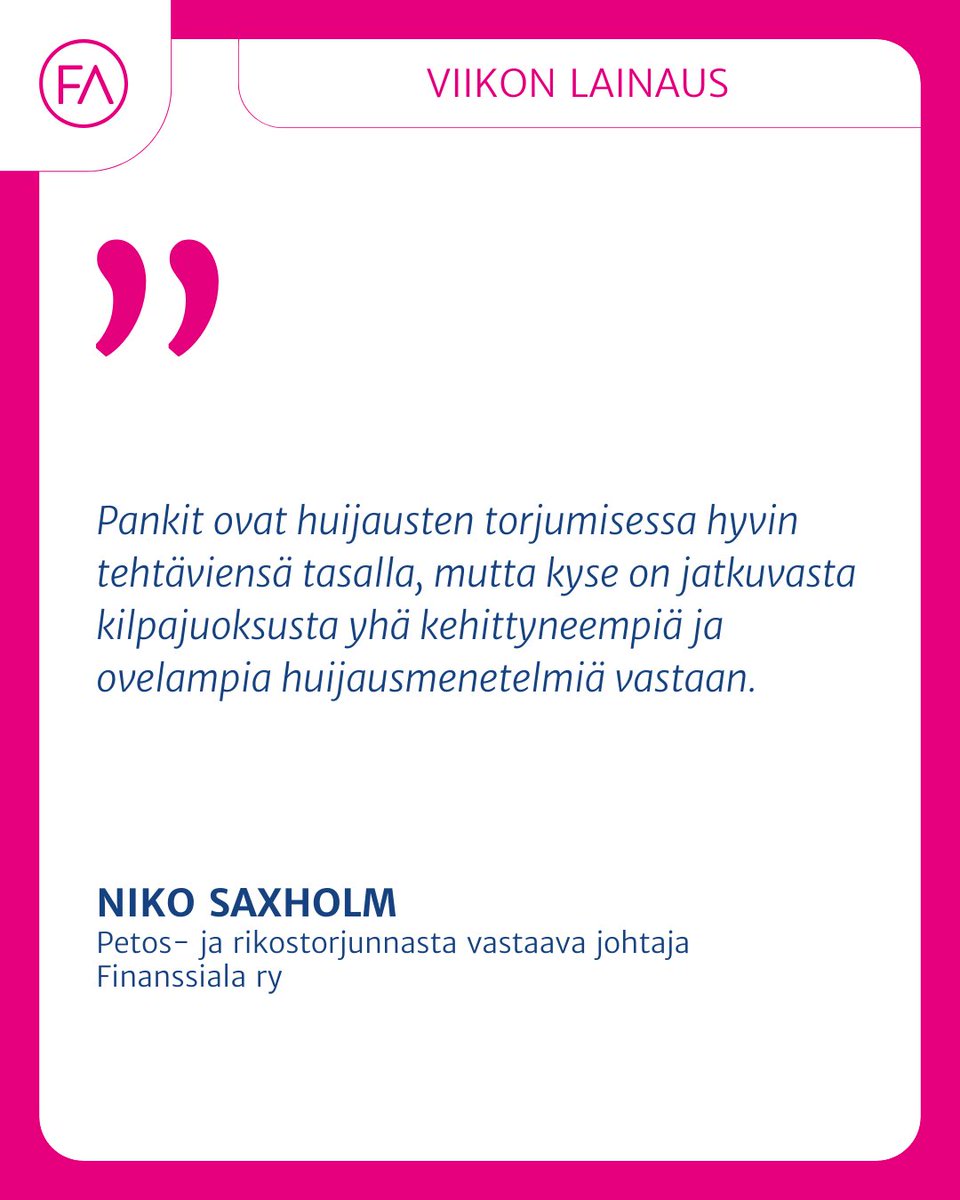 Finanssiala (@finanssiala) on Twitter photo Huijarit kehittävät lähestymistapojaan samaa tahtia, kun pankit ja viranomaiset saavat väyliä tukittua. ❌👺
Tärkeää on olla hereillä, jos viesti edellyttää asiakkaalta kiireellisiä toimia ja miettiä, onkohan tässä tosiaan näin kiire! <a href="/niko_saxholm/">Niko Saxholm</a> 👇
finanssiala.fi/uutiset/pankki… Huijarit kehittävät lähestymistapojaan samaa tahtia, kun pankit ja viranomaiset saavat väyliä tukittua. ❌👺
Tärkeää on olla hereillä, jos viesti edellyttää asiakkaalta kiireellisiä toimia ja miettiä, onkohan tässä tosiaan näin kiire! <a href="/niko_saxholm/">Niko Saxholm</a> 👇
finanssiala.fi/uutiset/pankki…