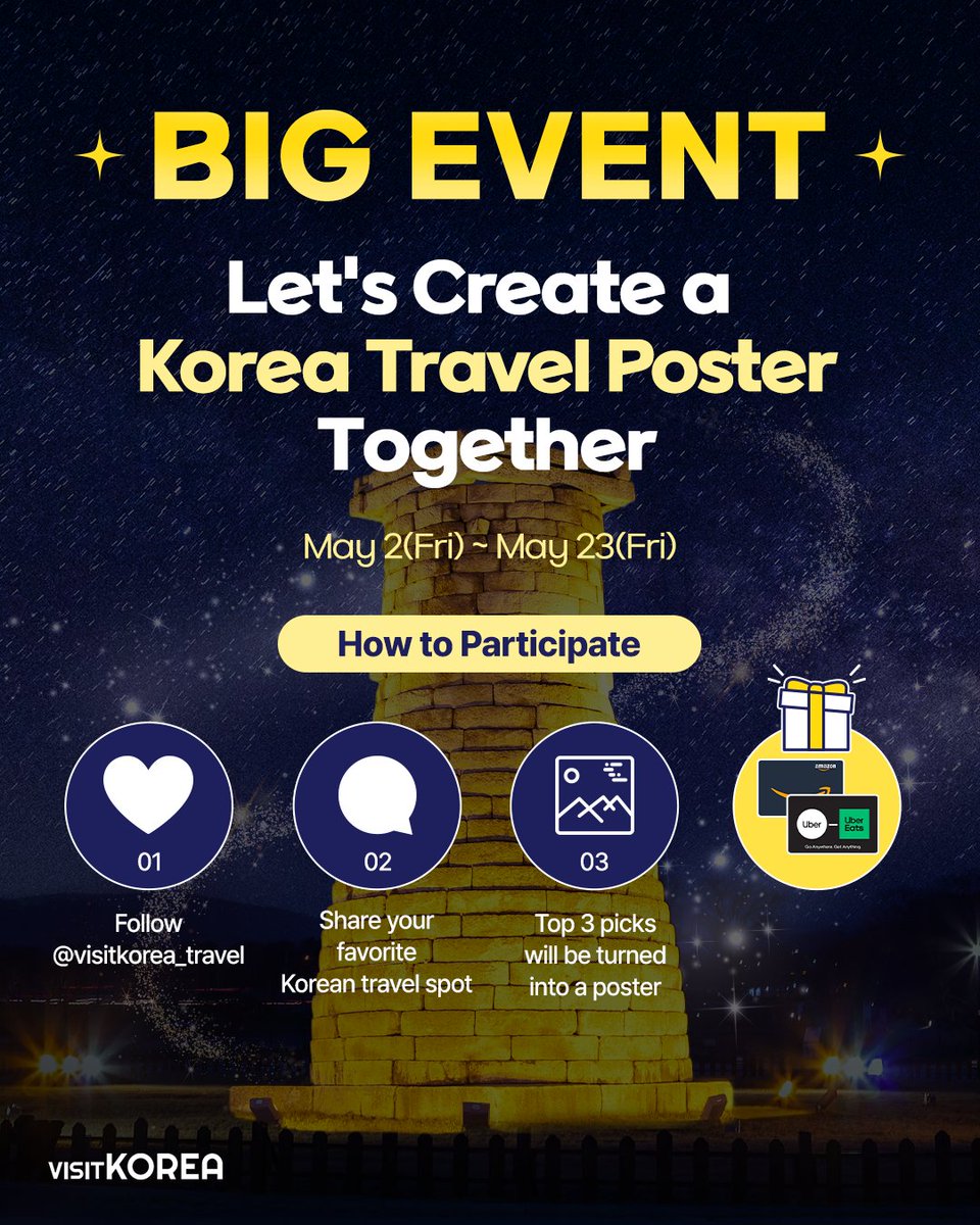 KoreanTravel's tweet photo. 🌟 [Event] Your Korea, Your Poster

Which spot in Korea holds your heart?
A place you’ve visited and loved — or one you dream of seeing someday?

Tell us your most treasured Korean destination and why in the comments!

The Top 3 most loved places will be turned into stunning travel posters,
and lucky participants will win exclusive prizes!

🗓 Event Period
May 2 (Fri) – May 23 (Fri), 2025

✅ How to Participate
1. Follow @visitkorea_travel — You must follow to be eligible to win!
2. Comment with one Korean travel destination you want to keep as a poster, and tell us why
3. Tag 2 or more friends to boost your chances
4. Share this post to your feed or story
5. New follower? Send us a DM to confirm your entry!

🗳 Bonus Round Coming Soon!
After the event, vote for your favorite from the final Top 3 posters!
Joining both rounds increases your chance of winning.

🎁 Prizes
🥇 1st Prize: $50 Amazon Gift Card (5 winners)
🥈 2nd Prize: $25 Google Play Gift Card (5 winners)
🥉 3rd Prize: $15 Uber or Grab Gift Card (10 winners)

📢 Winner Announcement
May 29 (Thu), 2025
Winners will be announced via an official post.
After the announcement, winners must submit their details via a Google Form (link will be shared in the post).

❗ Important Notes
1. Only followers of @visitkorea_travel are eligible for prizes
2. If you do not submit the form in time, your prize may be forfeited
3. By entering, you agree to provide personal info for prize delivery
4. We are not responsible for issues caused by incorrect contact information

✨ Let your favorite place in Korea shine — as a poster and a prize!
Share your story, tag your friends, and make your memory part of something beautiful.

#VisitKorea #TravelKorea #KoreaTrip #TripToKorea #SpringEvent #PosterEvent
#MyKorea #BucketListKorea #TravelGiveaway #InstaTravel #PosterChallenge