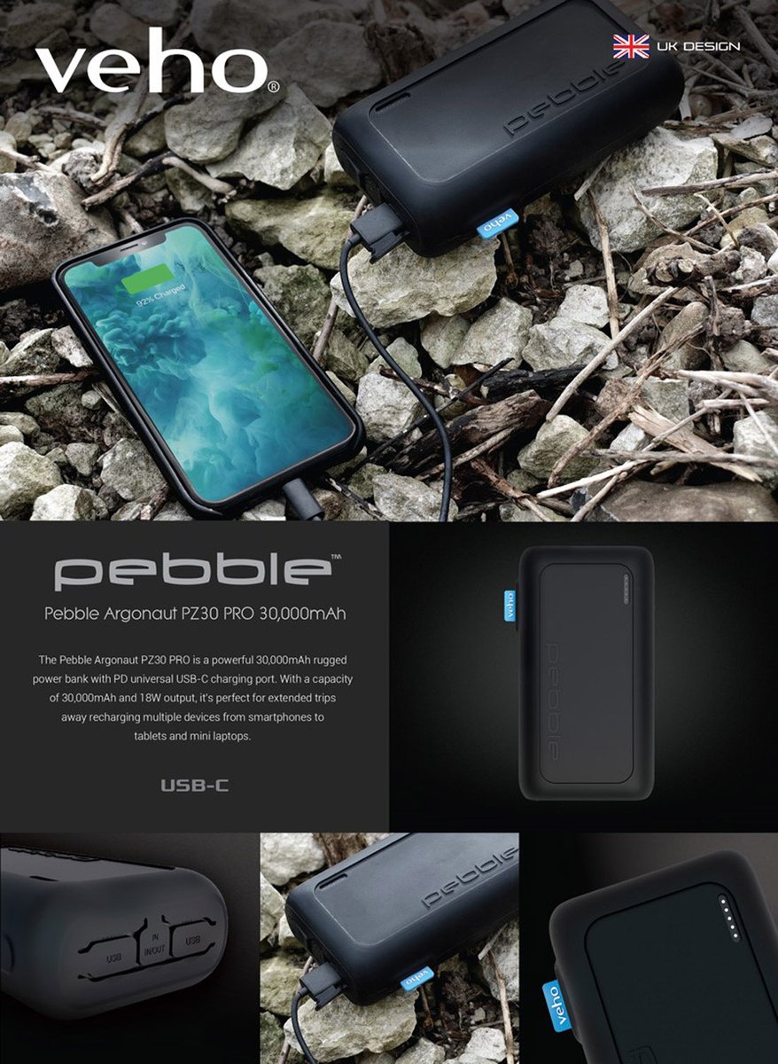 Veho's tweet image. The Pebble Argonaut PZ30 PRO is a powerful 30,000mAh rugged power bank with PD universal USB-C charging port. With a capacity of 30,000mAh and 18W output, it's perfect for extended trips away 

veho-world.com/product/pebble…

#Veho #PortableCharger #Powerbank #PassionForExcellence