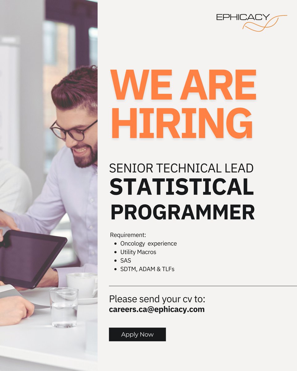Ephicacy is hiring!
We’re on the lookout for a Senior Technical Lead – Statistical Programmerto join our growing global team.
Then we’d love to hear from you!
📧 Send your CV to: careers.ca@ephicacy.com
Let’s shape the future of clinical data science together.
#Hiring #Ephicacy