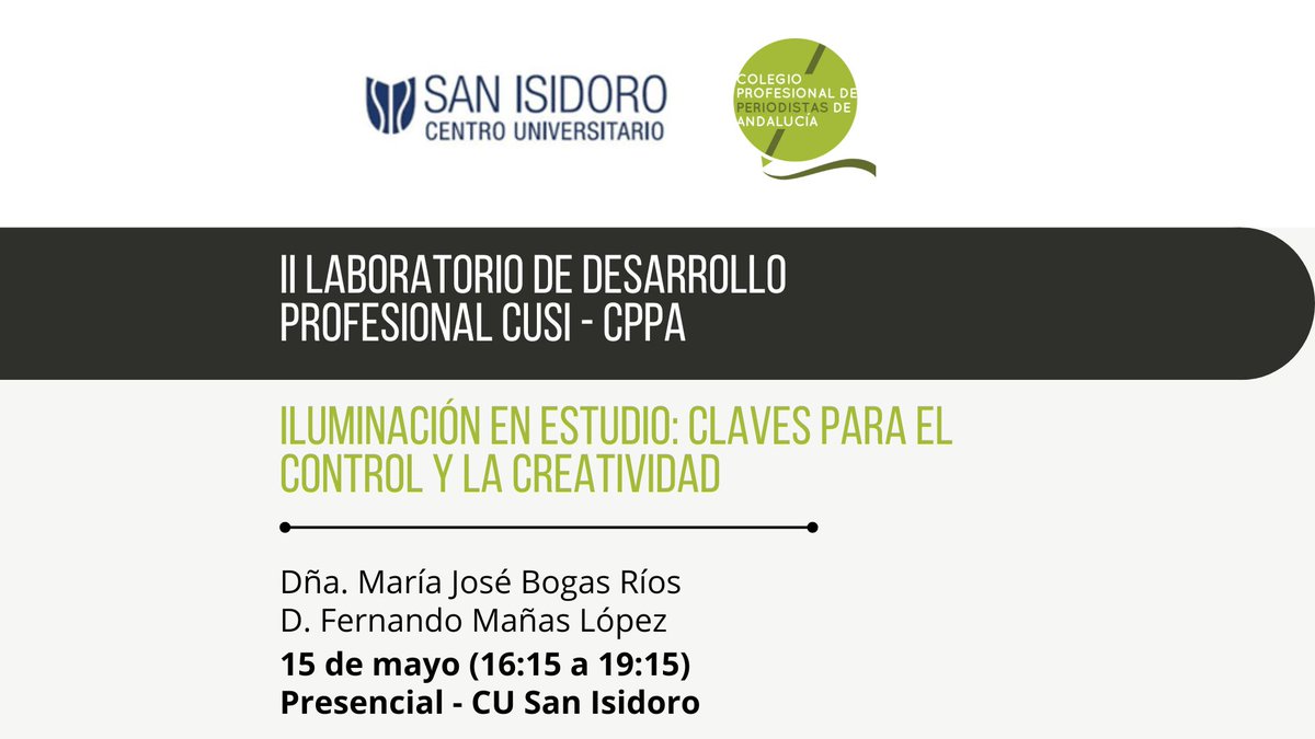 PeriodistasAND's tweet photo. 🎓Curso presencial de iluminación de estudio: Claves para el control y la creatividad.
🗓️Jueves 15 de mayo
⏰De 16:15h a 19:15h
📍En @CuSanIsidoro
➡️100% gratuito
📑Inscripciones abiertas:
https://t.co/xjXnztVgjX
#cursofotografia https://t.co/cvDXIGzh6F