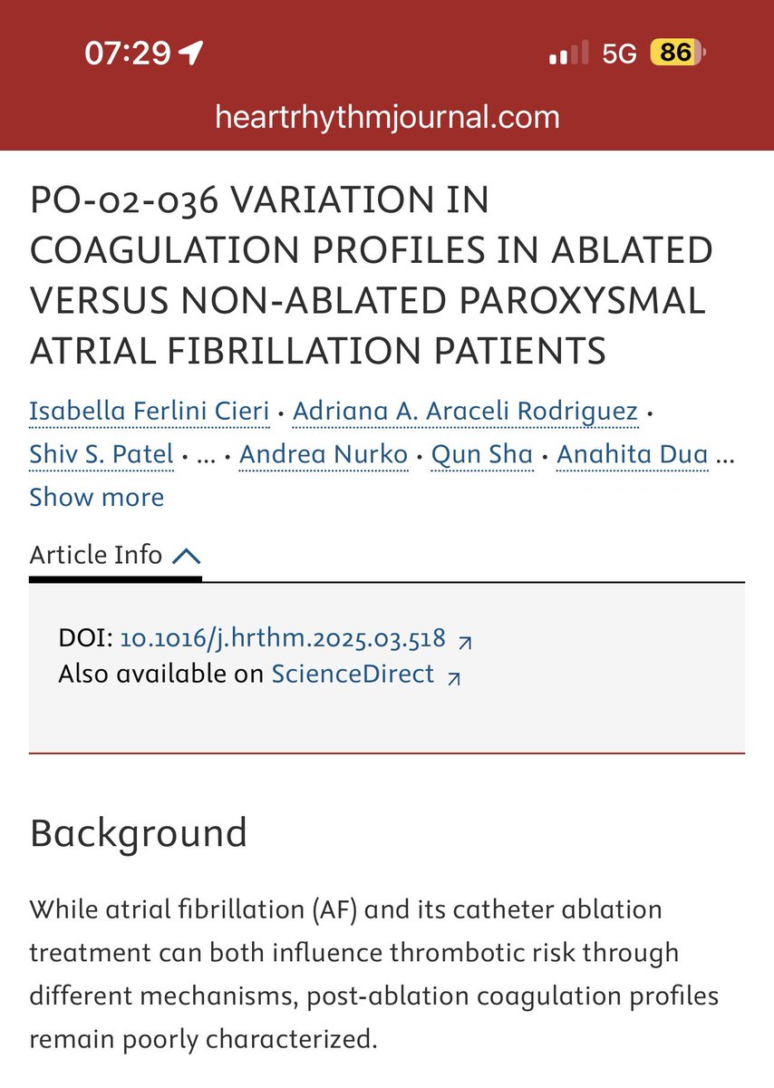 Isabella Ferlini Cieri, MD (@isabella_cieri) on Twitter photo Check out our abstract “PO-02-036 Variation in Coagulation Profiles in Ablated Versus Non-Ablated Paroxysmal Atrial Fibrilation Patients”
on HeartRhythm! <a href="/AnahitaDua/">Anahita Dua MD MS MBA FACS</a> , Dr. Dua’s Coagulation Lab, <a href="/AdrianaR99566/">Adriana Rodriguez Alvarez</a> , <a href="/sspatel0/">Shiv S. Patel</a> , <a href="/mounikanaidu4/">Mounika Boya</a> ,<a href="/MGHVascular/">Mass General Vascular</a> , <a href="/MGHSurgery/">Mass General Surgery</a> . Check out our abstract “PO-02-036 Variation in Coagulation Profiles in Ablated Versus Non-Ablated Paroxysmal Atrial Fibrilation Patients”
on HeartRhythm! <a href="/AnahitaDua/">Anahita Dua MD MS MBA FACS</a> , Dr. Dua’s Coagulation Lab, <a href="/AdrianaR99566/">Adriana Rodriguez Alvarez</a> , <a href="/sspatel0/">Shiv S. Patel</a> , <a href="/mounikanaidu4/">Mounika Boya</a> ,<a href="/MGHVascular/">Mass General Vascular</a> , <a href="/MGHSurgery/">Mass General Surgery</a> .