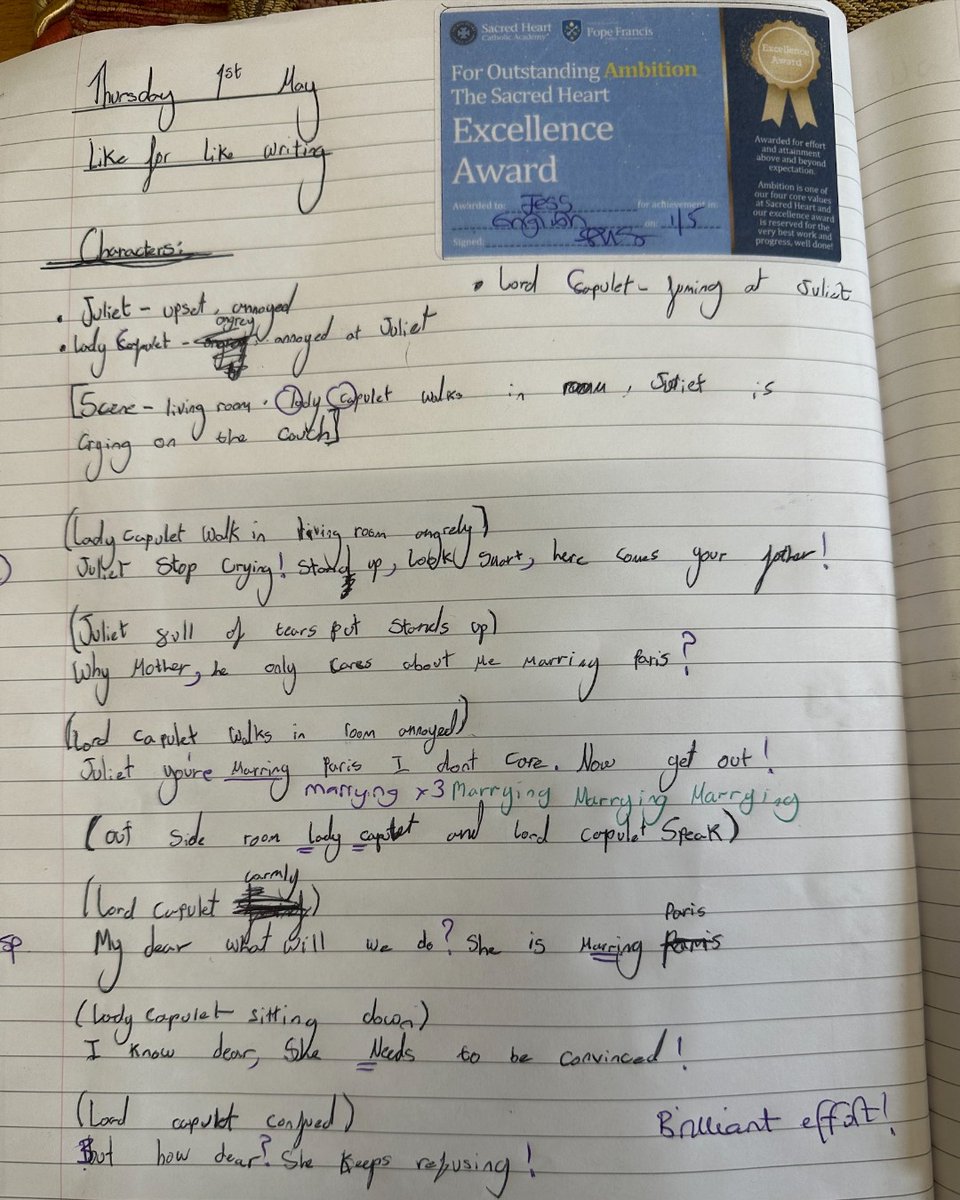 ✍️🎭Congratulations to Jess and Jasmine in Year 8 for their wonderful 'like-for-like' writing on Romeo and Juliet in #English this week.

The girls have really enjoyed studying #Shakespeare and Mrs Weekes was delighted with their efforts, well done!

#ToBeMore #EnglishLiterature