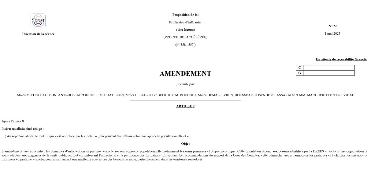 Merci à <a href="/bmicouleau/">Brigitte MICOULEAU</a> et les autres signataires pour ces propositions d'amendements à la loi infirmière. Alors que des amendements de la gauche et du centre viennent trahir la profession infirmière,  <a href="/lesRepublicains/">les Républicains</a> au <a href="/Senat/">Sénat</a> mettent la profession infirmière au centre du débat et