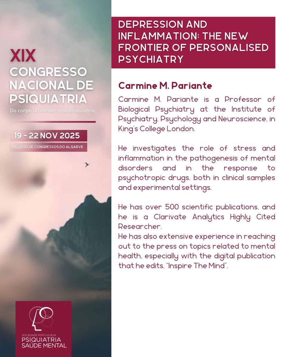 🔔 𝗗𝗿. 𝗖𝗮𝗿𝗺𝗶𝗻𝗲 𝗠. 𝗣𝗮𝗿𝗶𝗮𝗻𝘁𝗲 é um dos palestrantes internacionais que vai estar presente no XIX Congresso Nacional de Psiquiatria.

🔗 Para mais informações sobre o #CNP2025, consulte o site: sppsm.org