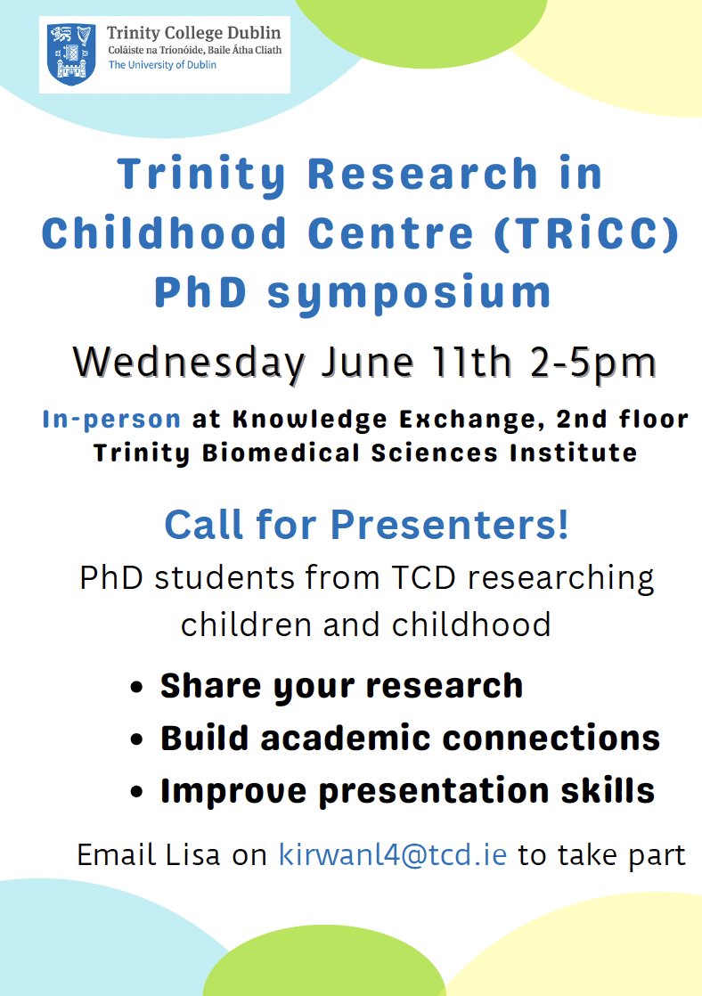 School of Nursing & Midwifery, TCD (@tcd_snm) on Twitter photo Join the <a href="/TCD_TRiCC/">Trinity Research in Childhood Centre (TRiCC)</a> PhD Symposium from 2–5pm, 11 June 2025 at the Knowledge Exchange in the Trinity Biomedical Sciences Institute.
🚸 The symposium will feature PhD students from across TCD who are conducting research with or about children and childhood.
📧 Email <a href="/lisakirwan3/">Lisa Kirwan</a> Join the <a href="/TCD_TRiCC/">Trinity Research in Childhood Centre (TRiCC)</a> PhD Symposium from 2–5pm, 11 June 2025 at the Knowledge Exchange in the Trinity Biomedical Sciences Institute.
🚸 The symposium will feature PhD students from across TCD who are conducting research with or about children and childhood.
📧 Email <a href="/lisakirwan3/">Lisa Kirwan</a>