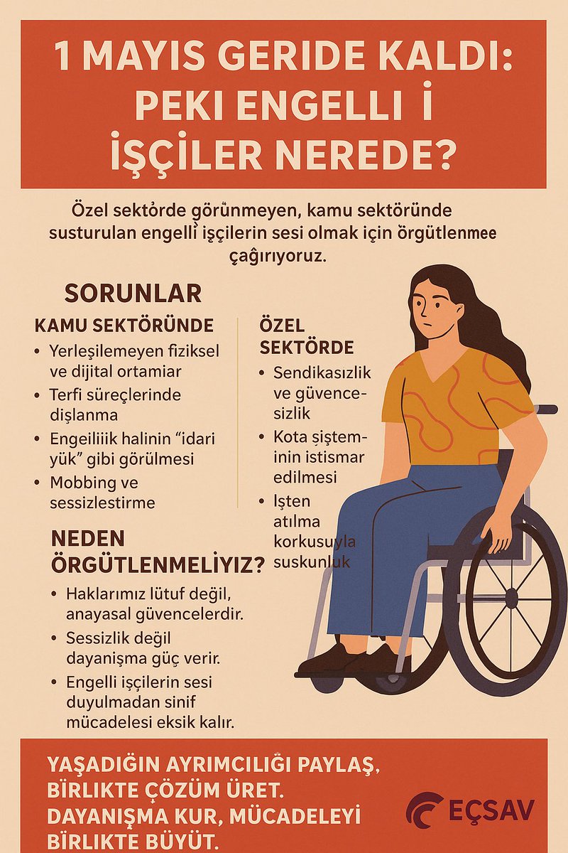 Ezgi_'s tweet photo. 1 Mayıs geçti ama engelli çalışanların yaşadığı sorunlar hala güncel. Çalışma yaşamında karşılaştığımız ayrımcılık, erişim engelleri ve hak ihlalleri hakkında farkındalık yaratmak istiyoruz. Eşit ve adil bir iş yaşamı talebimiz devam ediyor. #EngelliÇalışanHakları #ÇalışmaHayatı https://t.co/0WfIc8ixtC