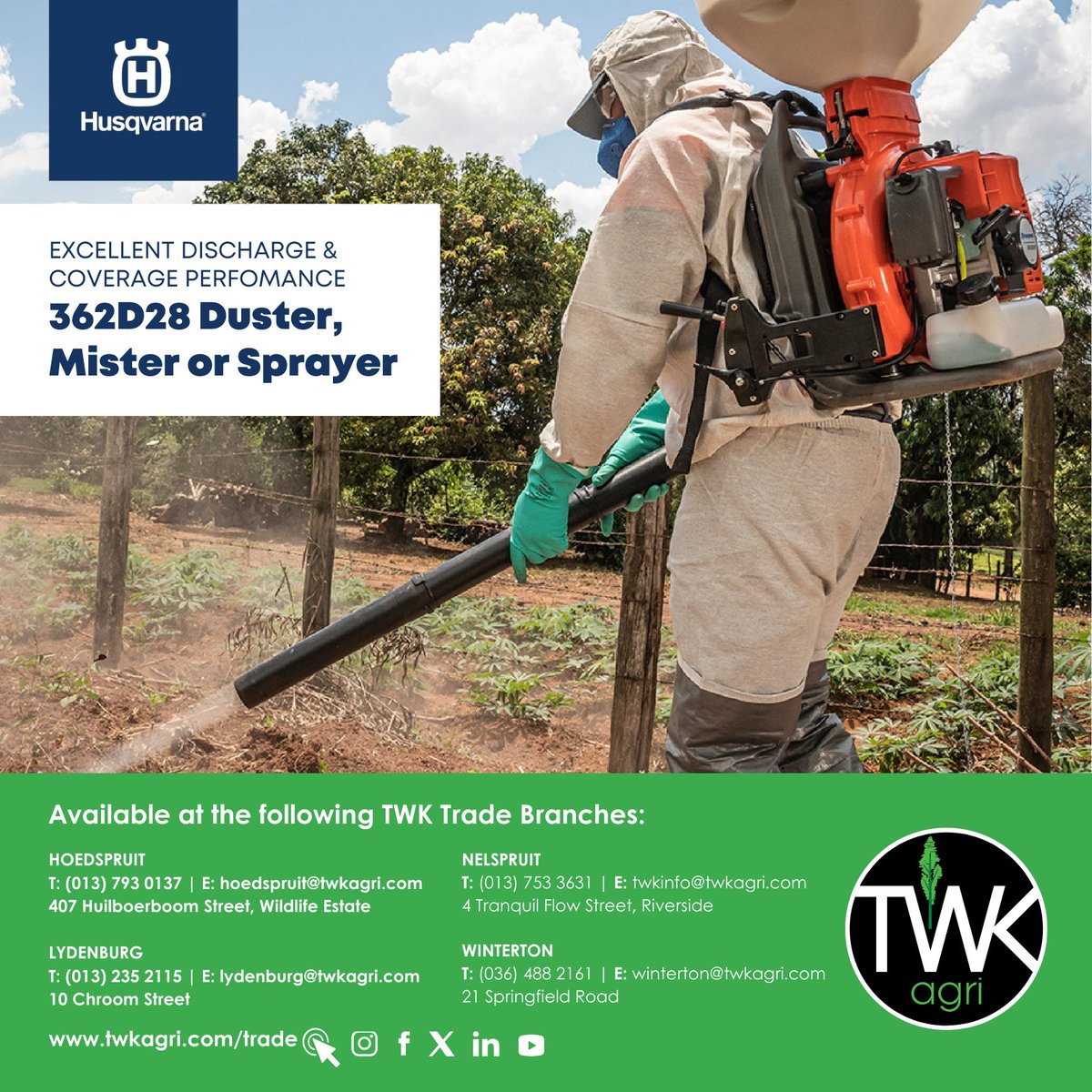 Meet the Husqvarna 362D28 – your go-to Duster, Mister or Sprayer for efficient crop protection.

Available now at select TWK Trade branches.
📍Hoedspruit | Lydenburg | Nelspruit | Winterton

#Husqvarna #CropCare #EfficientSpraying #SmartFarming #PrecisionAgriculture