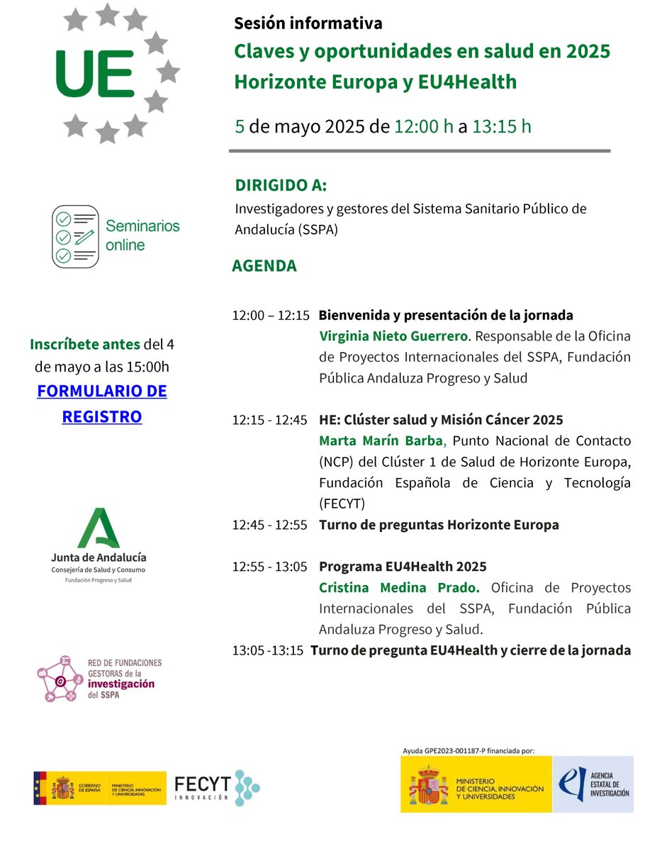 Fibao (@fibao) on Twitter photo 🔬 Sesión informativa online: Claves y oportunidades en salud en 2025 Horizonte Europa y EU4Health
📅 5 de mayo | 🕘 12:00 h
➡️ Organiza: <a href="/FProgresoysalud/">Fundación Progreso y Salud</a>
📲 Inscripción y programa: juntadeandalucia.es/organismos/fps…
#Investigacion #Salud <a href="/HorizonteEuropa/">Horizonte Europa</a> 🔬 Sesión informativa online: Claves y oportunidades en salud en 2025 Horizonte Europa y EU4Health
📅 5 de mayo | 🕘 12:00 h
➡️ Organiza: <a href="/FProgresoysalud/">Fundación Progreso y Salud</a>
📲 Inscripción y programa: juntadeandalucia.es/organismos/fps…
#Investigacion #Salud <a href="/HorizonteEuropa/">Horizonte Europa</a>