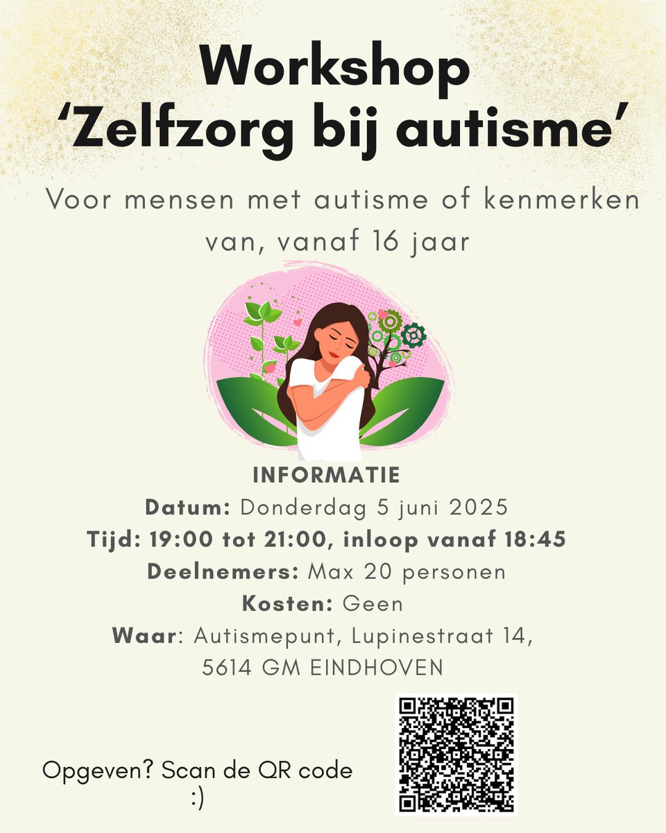 Gratis workshop over 'Zelfzorg bij Autisme' op 5 juni in #eindhoven 

Workshop is bedoeld voor mensen met autisme of kenmerken van

Meer info check birsenbasar.com/gratis-worksho…