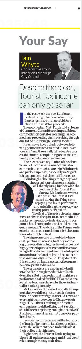 Iain Whyte (@cllrwhyte) on Twitter photo My column in <a href="/edinburghpaper/">Edinburgh Evening News</a> today highlights yet more asks for spending the still to be collected tourist tax. Don’t expect any proceeds to be fixing your local roads and pavements any time soon. More tax. More waste. Poorer economy. My column in <a href="/edinburghpaper/">Edinburgh Evening News</a> today highlights yet more asks for spending the still to be collected tourist tax. Don’t expect any proceeds to be fixing your local roads and pavements any time soon. More tax. More waste. Poorer economy.